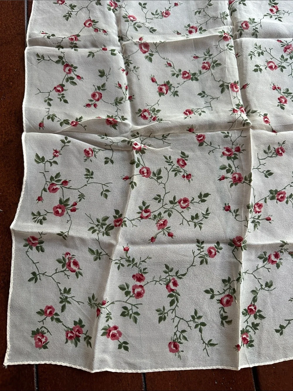 Ann Taylor Cream 💯 Silk Scarf with Pink Rose Vine Print